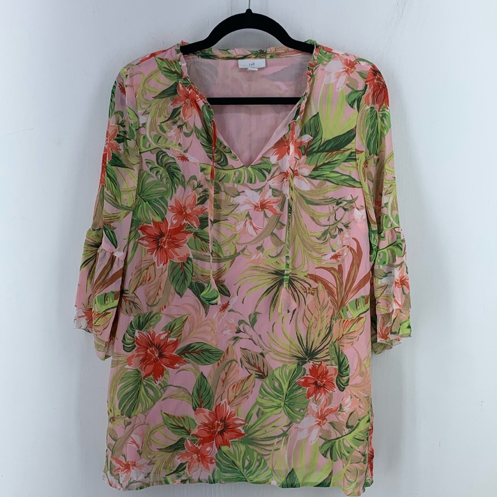 J Jill XSP Petite Tunic Blouse Gauzy Floral Multicolor Artsy Lined Tassels Beach
